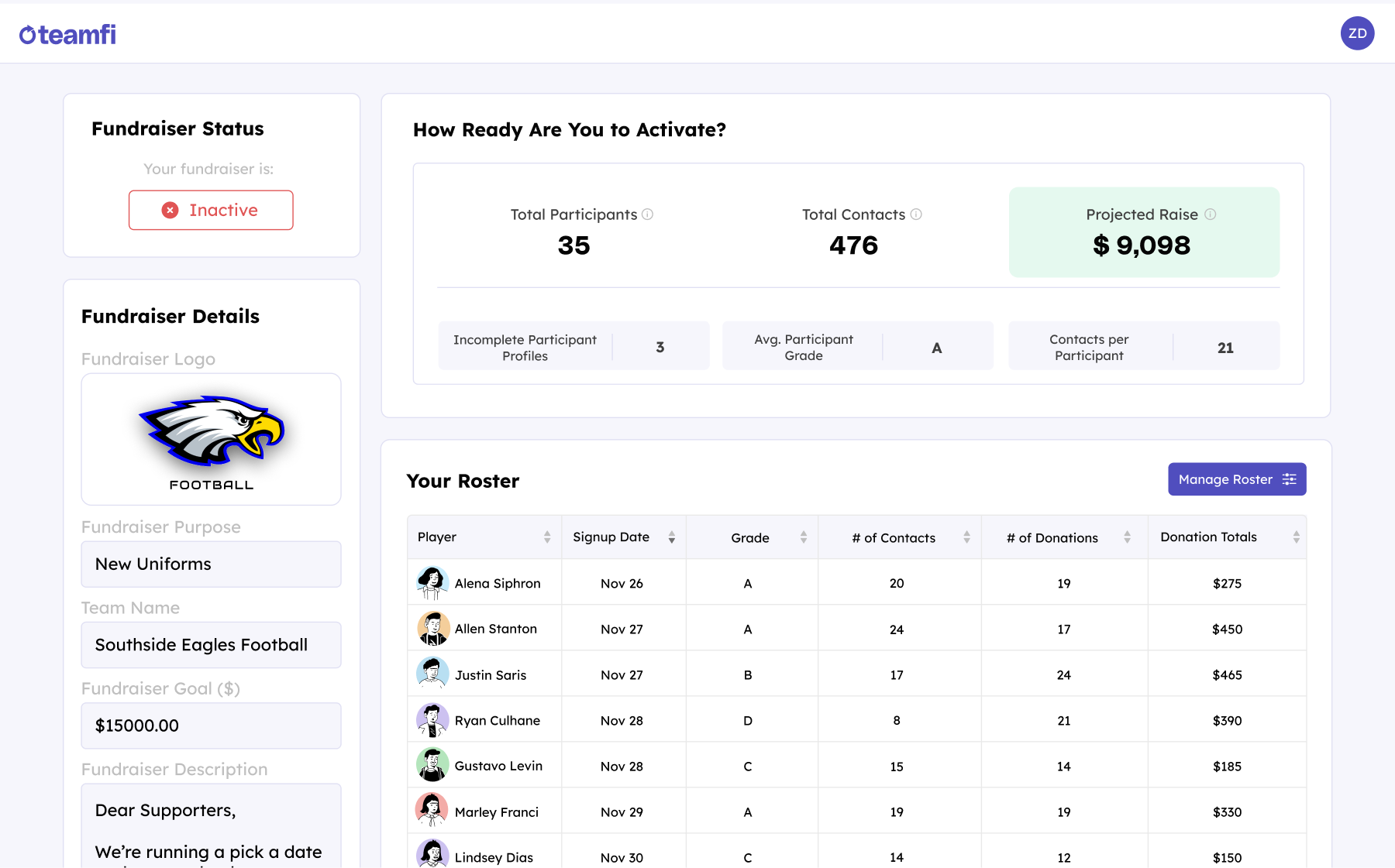 Teamfi Digital Calendar Fundraiser Step 4 – easily monitor your team’s onboarding process with your Teamfi coach dashboard. 