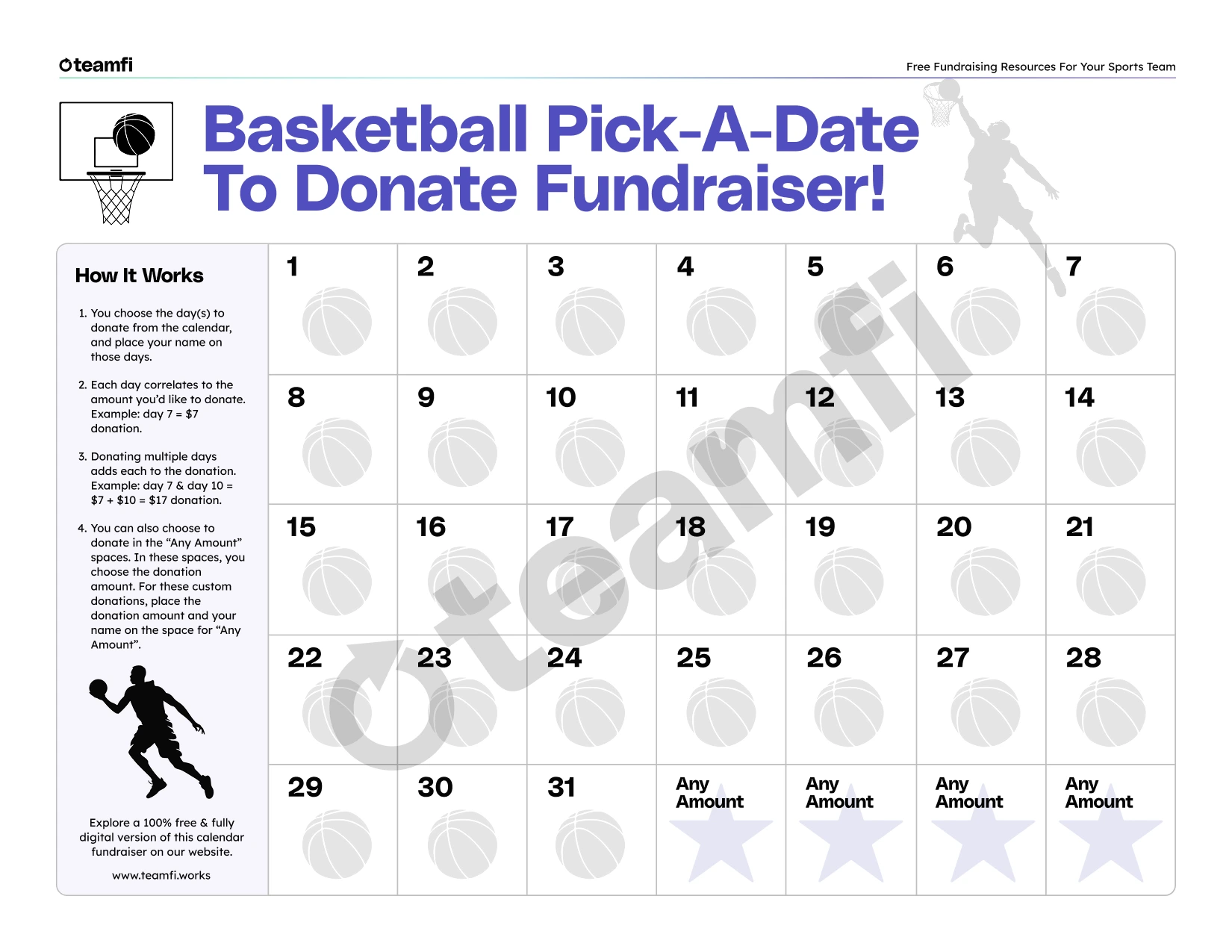 Free to download Teamfi Basketball Pick a Date to Donate Calendar Template.