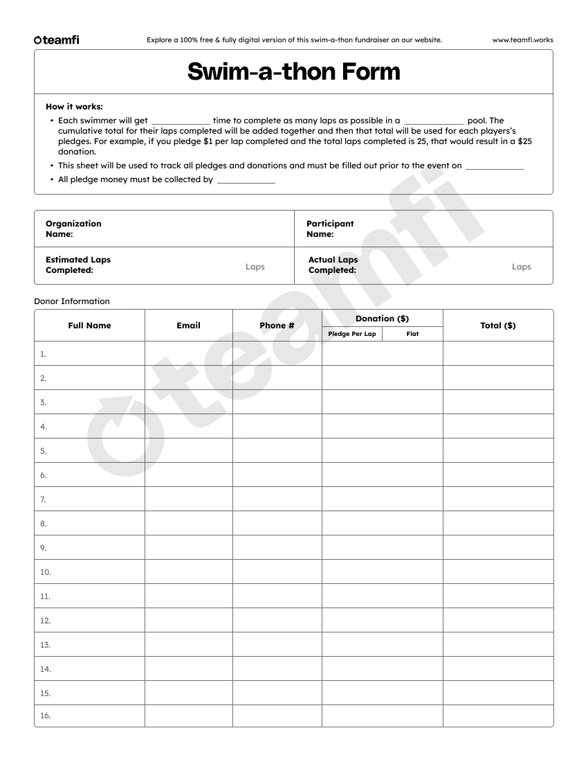 Teamfi free and downloadable pen and paper swimathon pledge collection form.