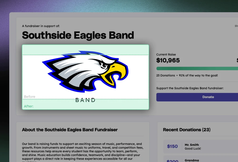 Teamfi donation page showing increased cover image size. 