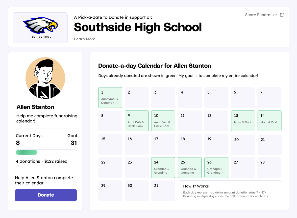 Teamfi pick a date to donate calendars are a fun and interactive fundraiser to share on social media. 