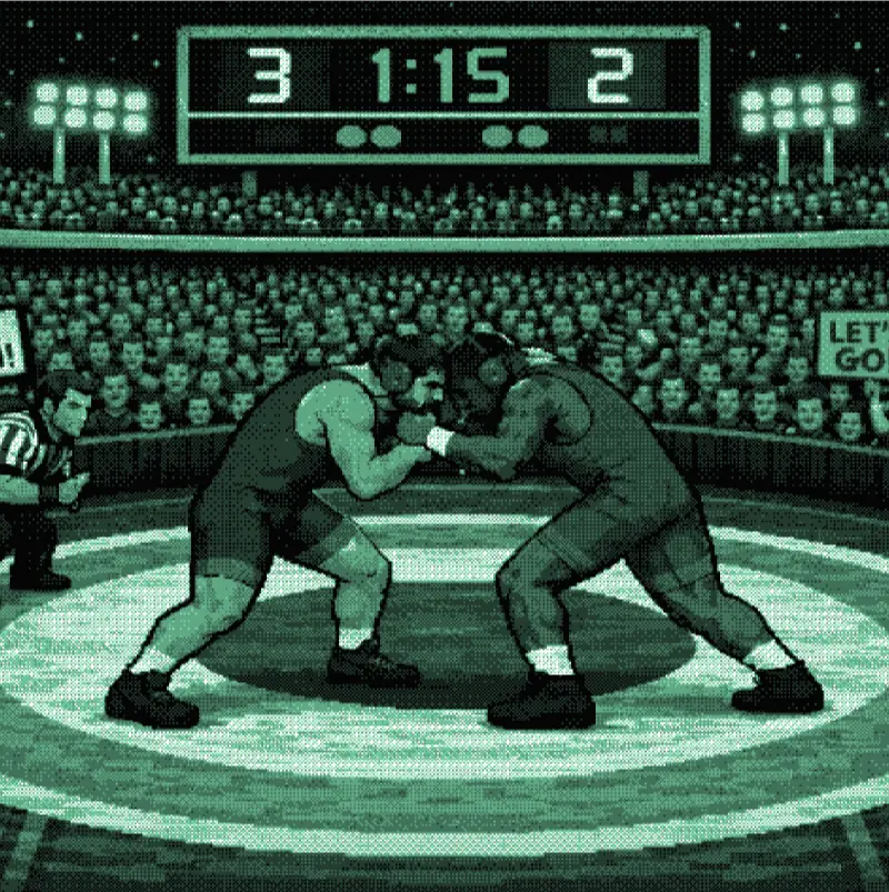 Two wrestlers competing on a wrestling mat in front of a large crowd.