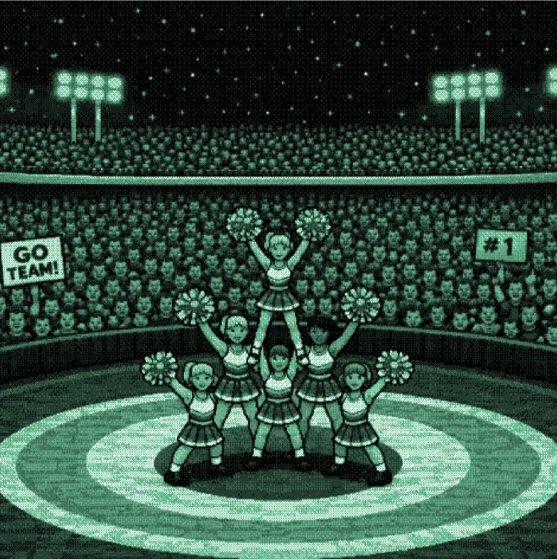 A Cheerleading team competing in front of a large crowd.