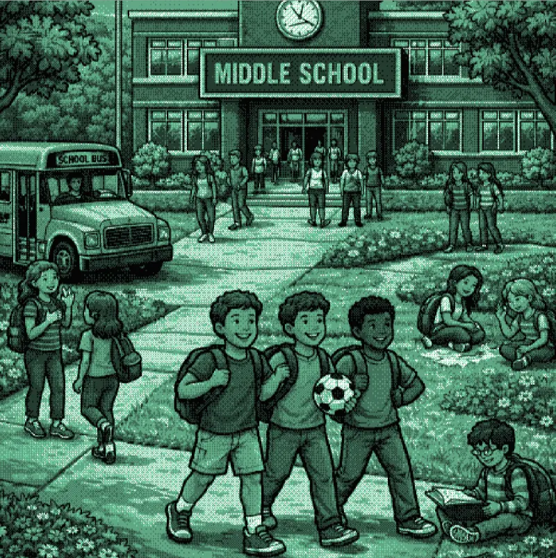 A lively middle school on a sunny day.