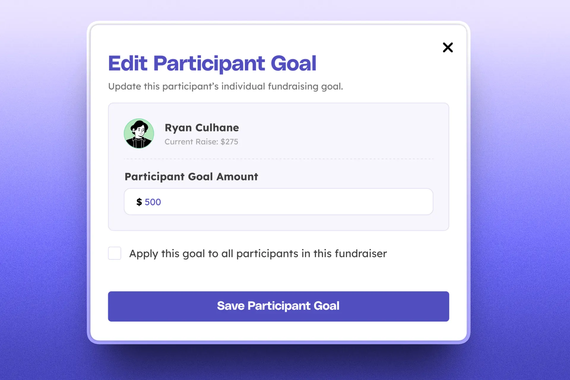 Teamfi's editable participant goals feature for fundraisers.