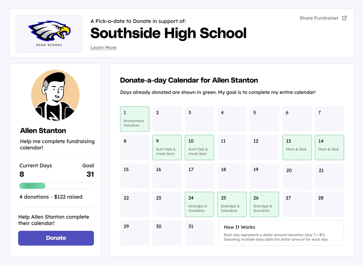 Teamfi free digital calendar fundraiser software helps organizers run a pick-a-date fundraiser, track donations, and monitor participant progress with ease.