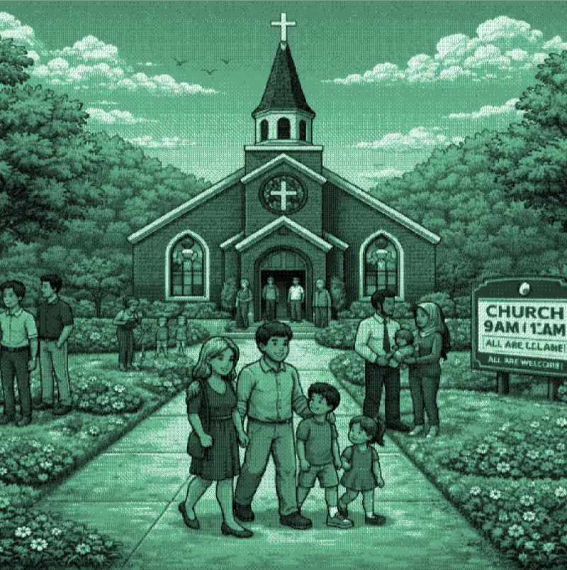 A lively church on a beautiful day. 