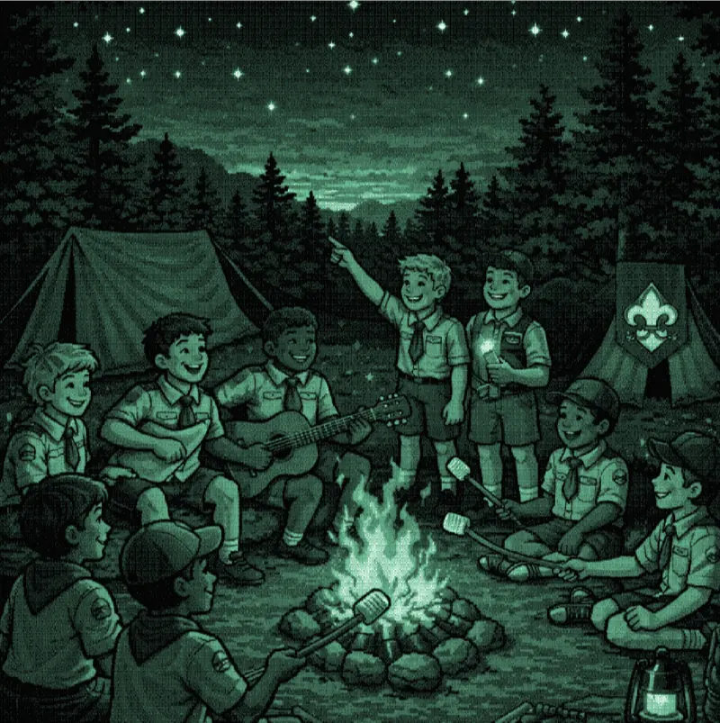 Boy Scout Troop sitting around a campfire.
