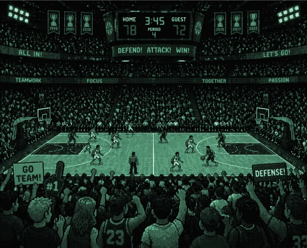 Lively basketball arena with excited fans.