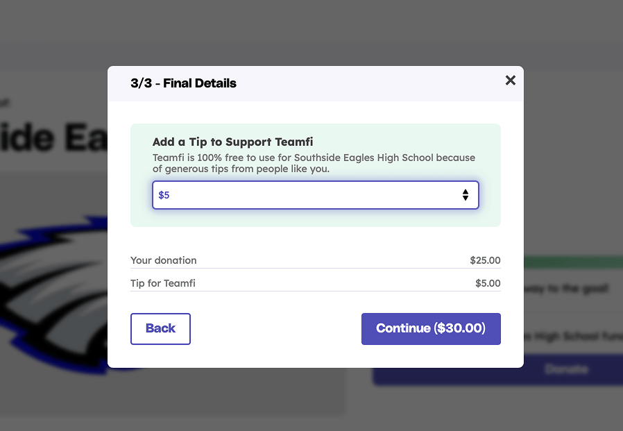 Teamfi fundraising tipping user-interface.