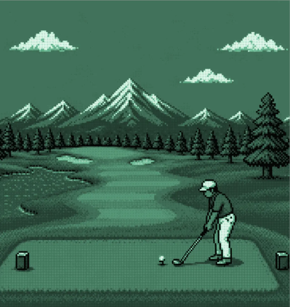 retro video-game style golfer driving the ball into the fairway.