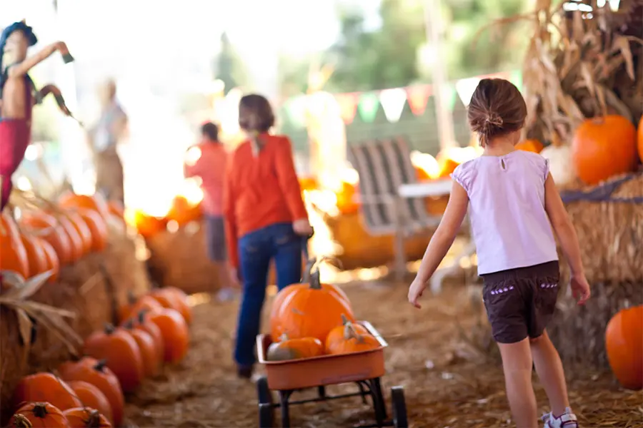 Choir kids dragging a pumpkin wagon at a fall festival fundraiser.