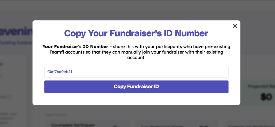 Teamfi fundraiser ID modal