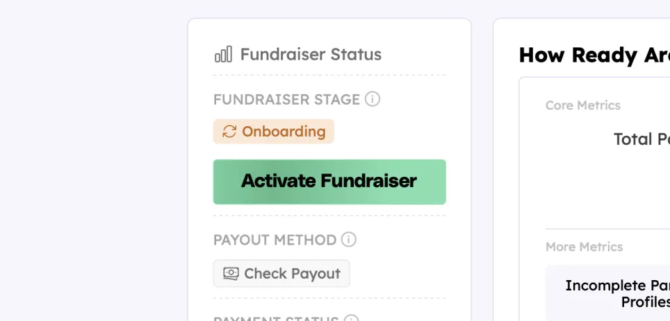 Teamfi "Activate Fundraiser" button on the fundraiser dashboard.