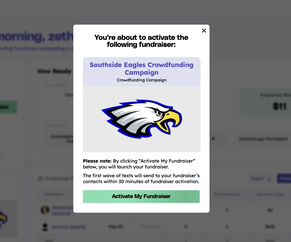 Teamfi fundraiser activation confirmation modal.