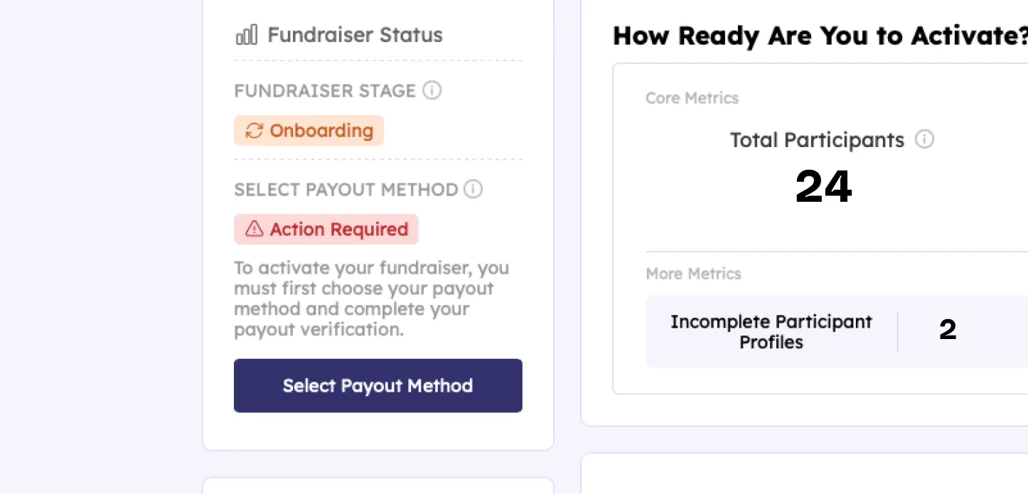 Teamfi fundraiser method payout selection button. 