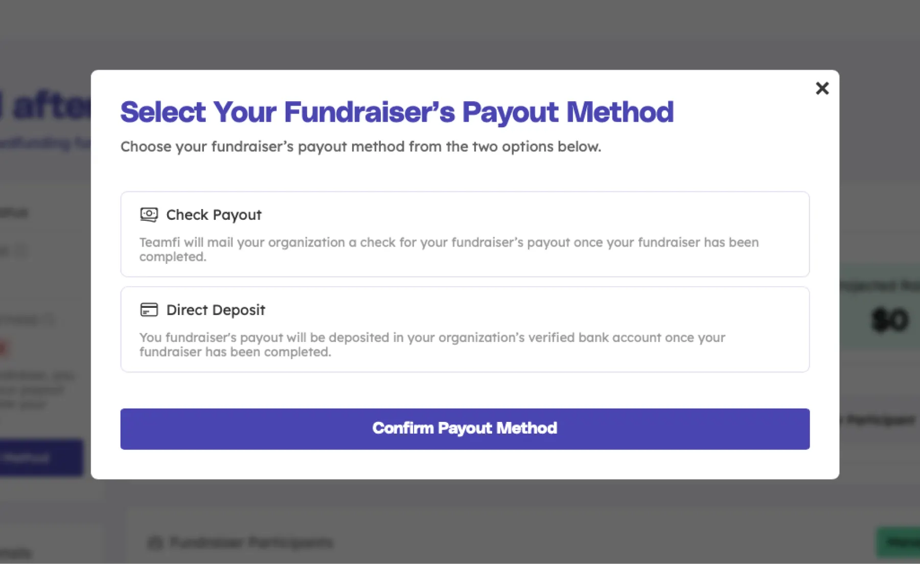 Teamfi select fundraiser payout method modal. 