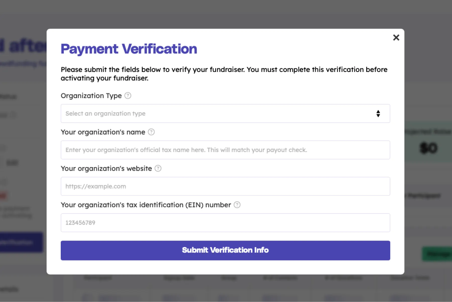 Teamfi check payout verification modal.
