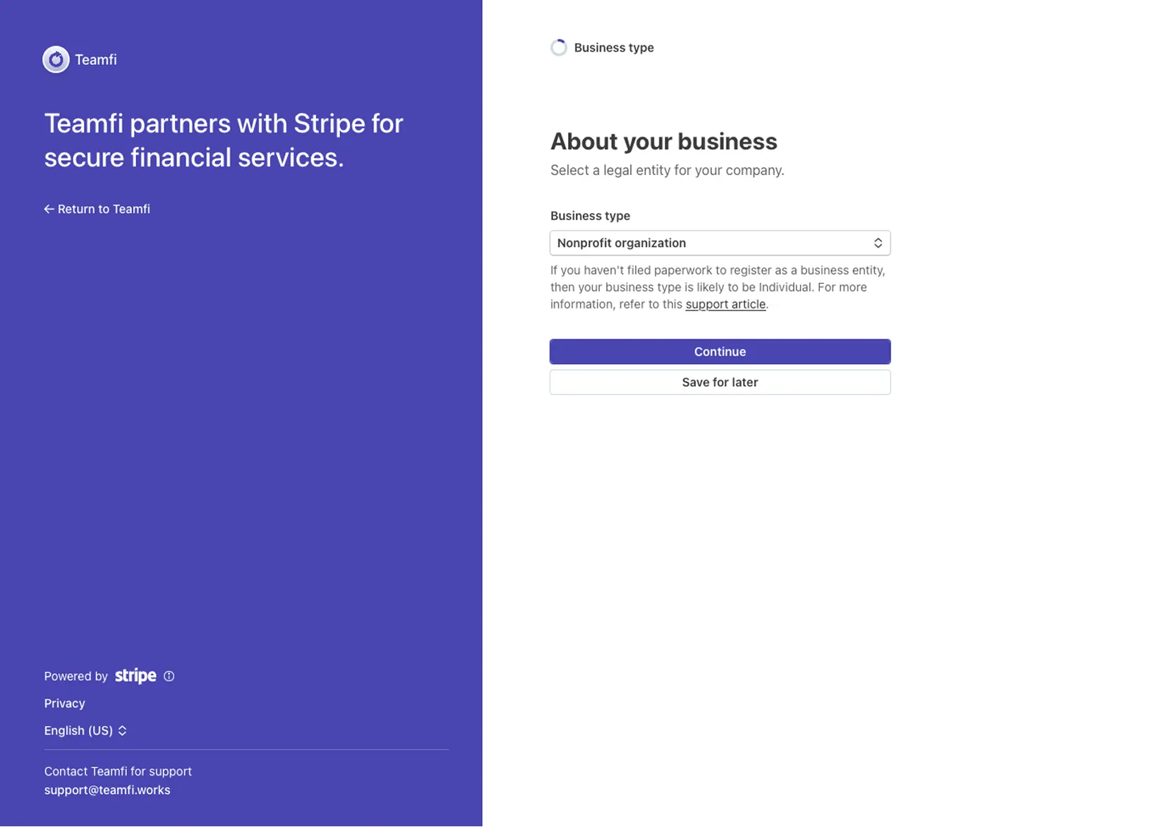 Teamfi fundraising direct deposit onboarding with Stripe. 