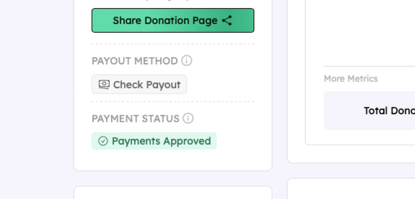 Teamfi fundraiser with Payments Approved.