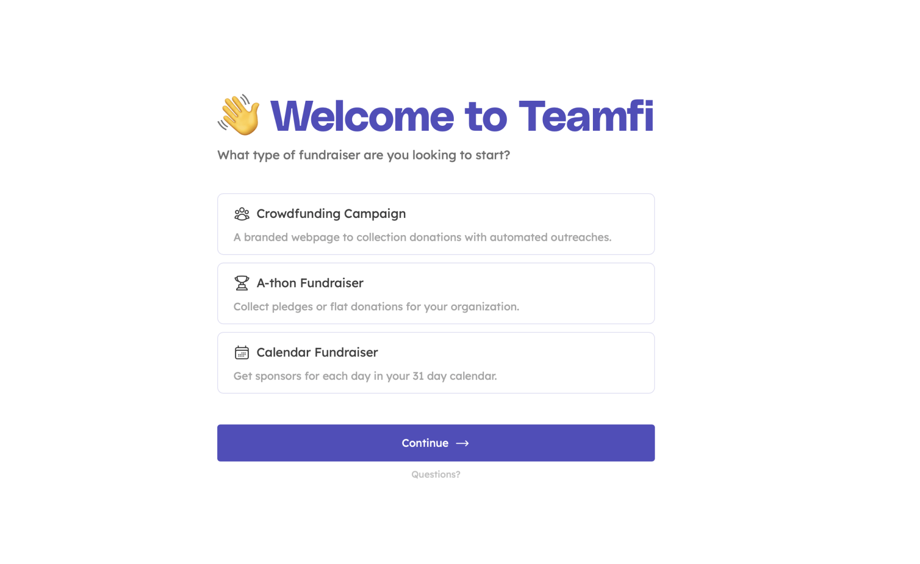 Select fundraiser type screen on Teamfi. 