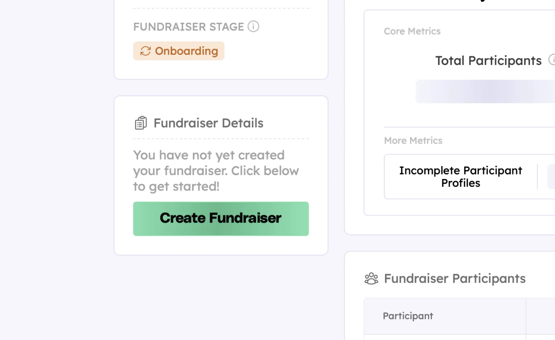 Create fundraiser button on the Teamfi fundraiser dashboard.