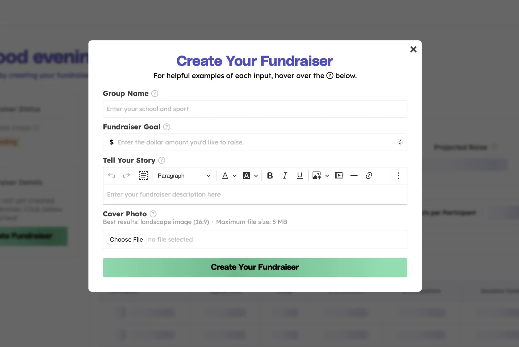 Teamfi "Create Your Fundraiser" modal. 