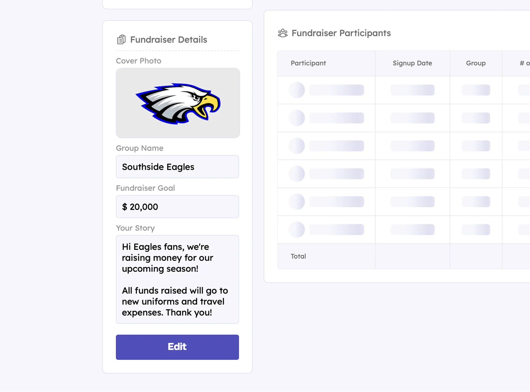 Teamfi fundraiser details section on the fundraiser dashboard. 