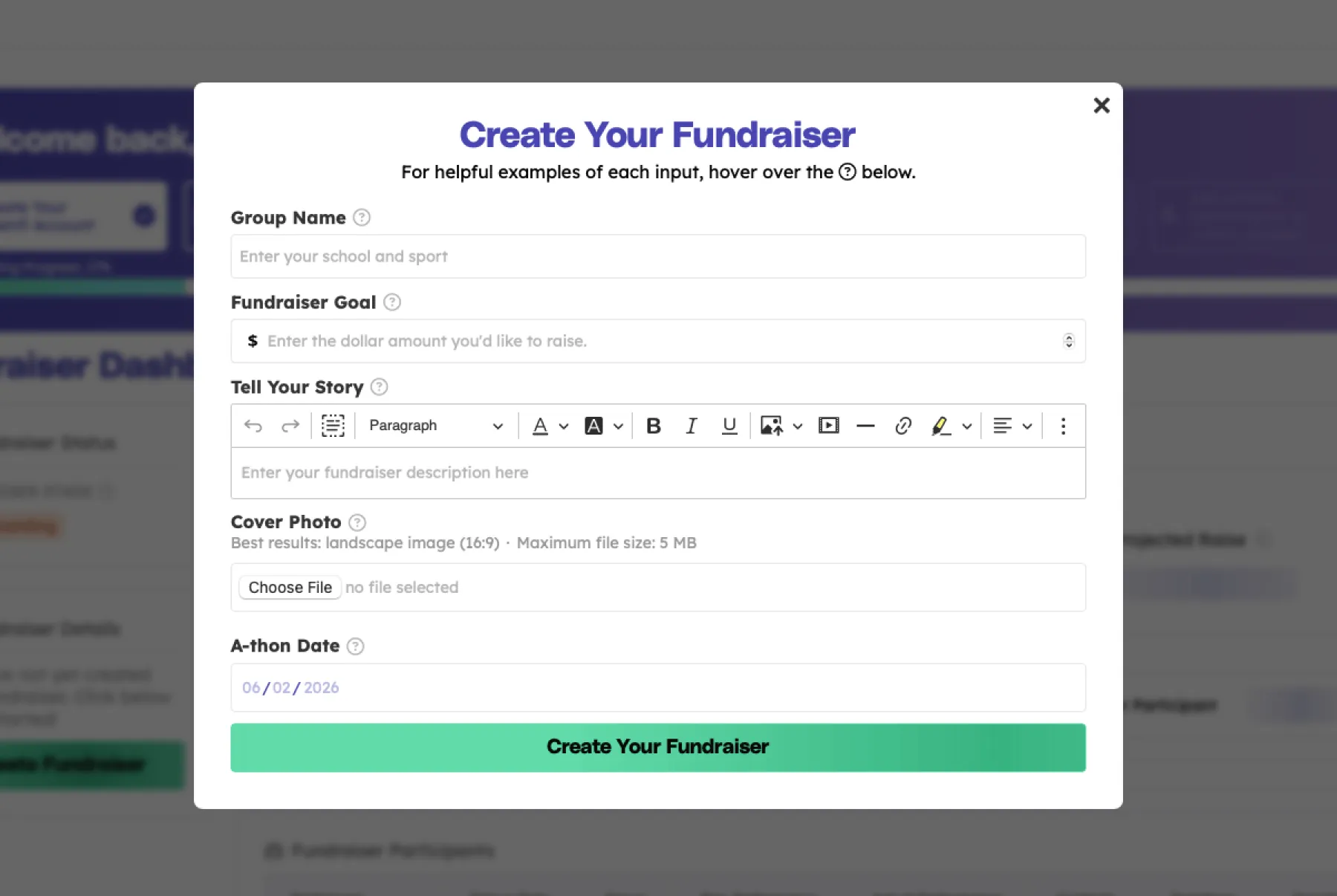 Create your fundraiser modal on the Teamfi fundraising dashboard.