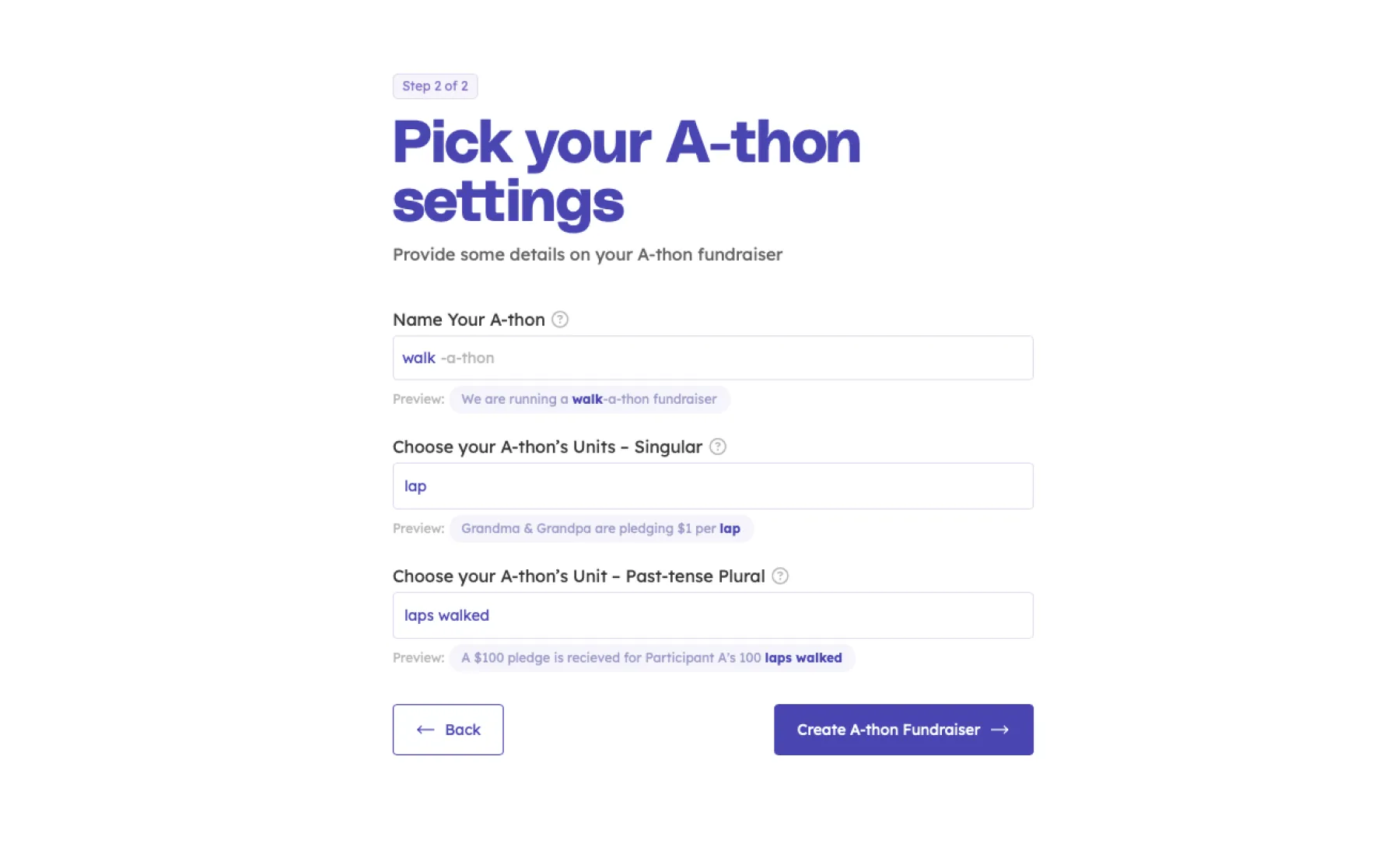Pick your a-thon settings screen on the Teamfi fundraising app.