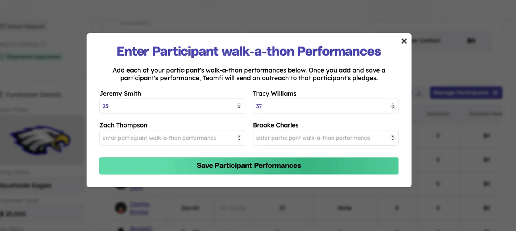 Enter a-thon participant results modal. 