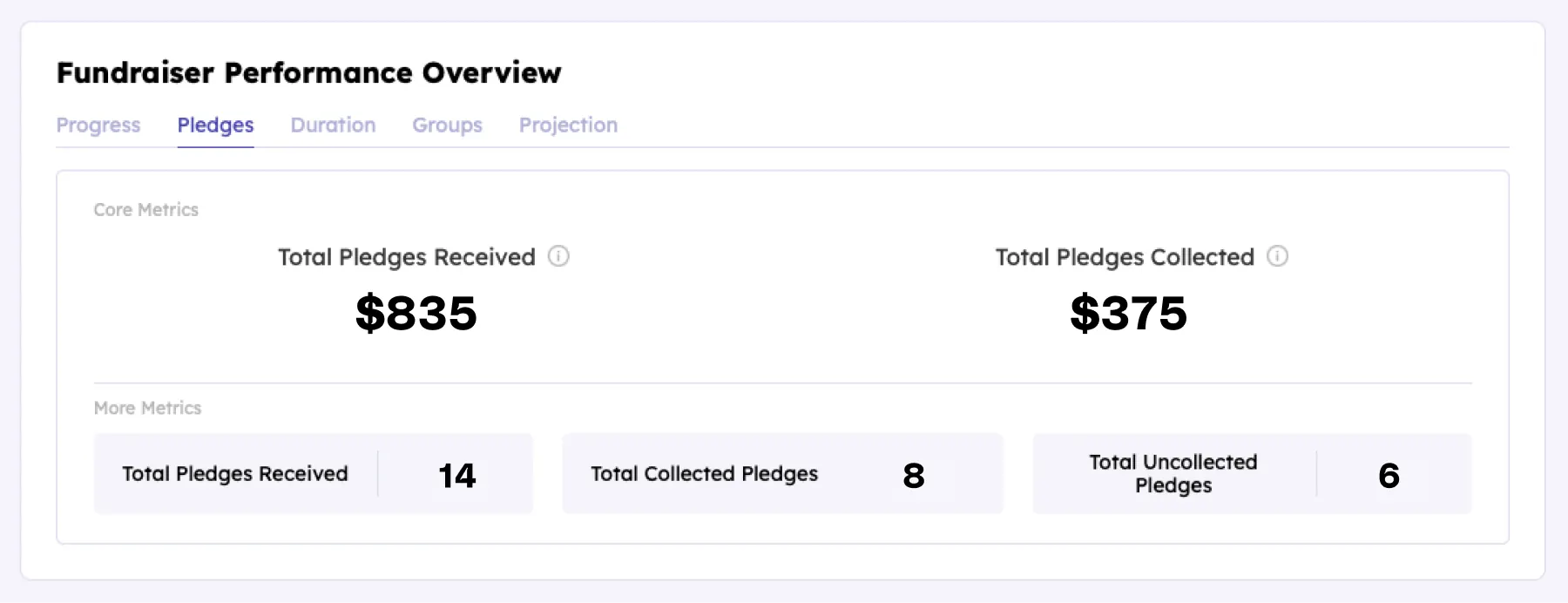 Teamfi pledge tracking tab for an a-thon fundraiser. 