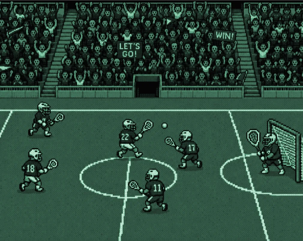 Lacrosse game being played in a packed stadium.