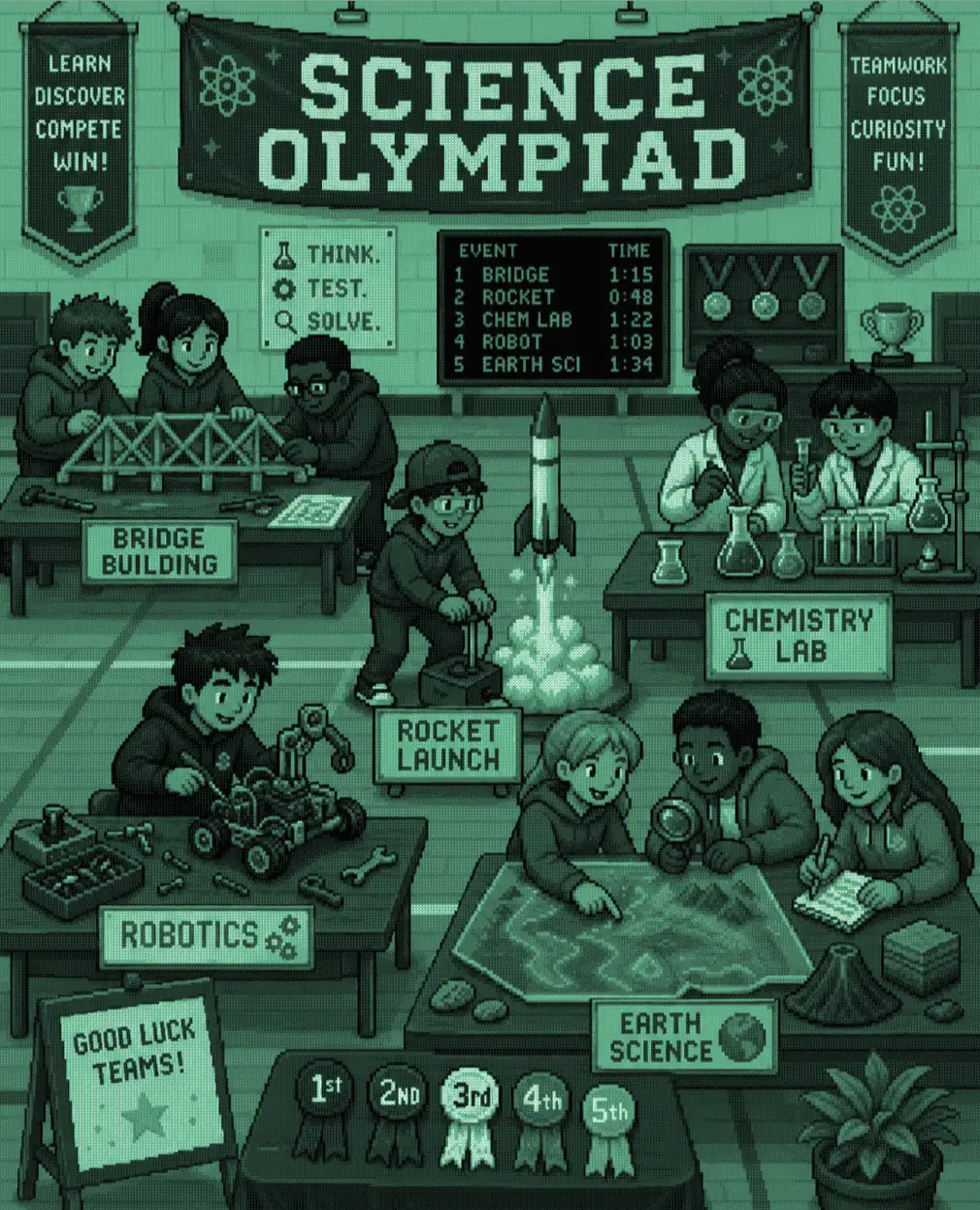 A busy Science Olympiad competition. 