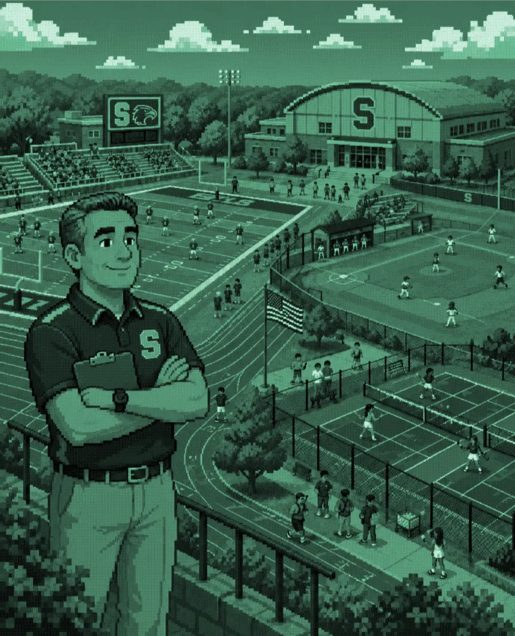 athletic director standing in front of their school's athletic facilities.