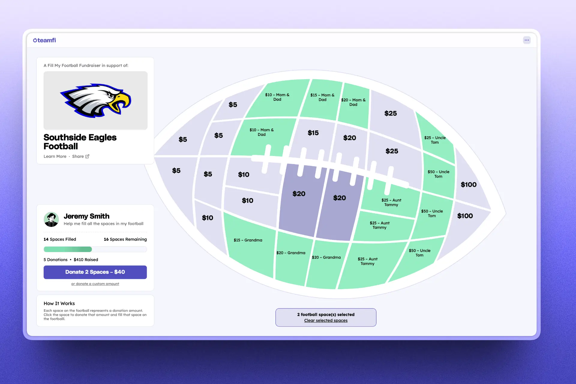 Digital Fill My Football Fundraiser user interface.
