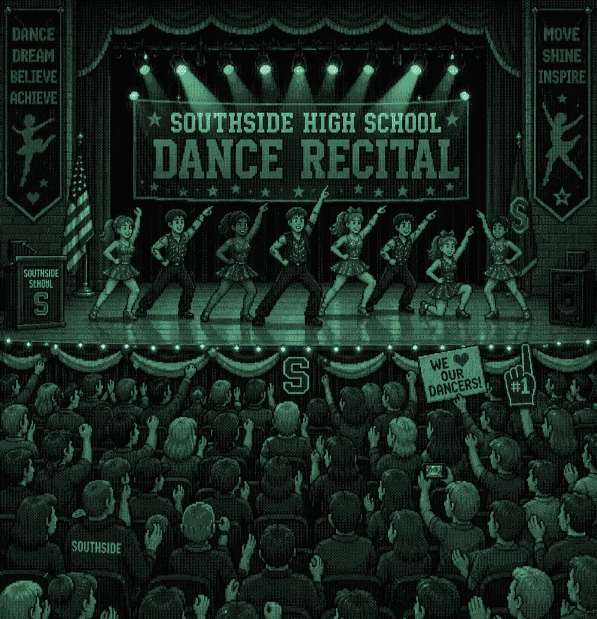 8-bit pixel art of a Southside High School dance recital with dancers performing on stage in front of a large cheering audience.