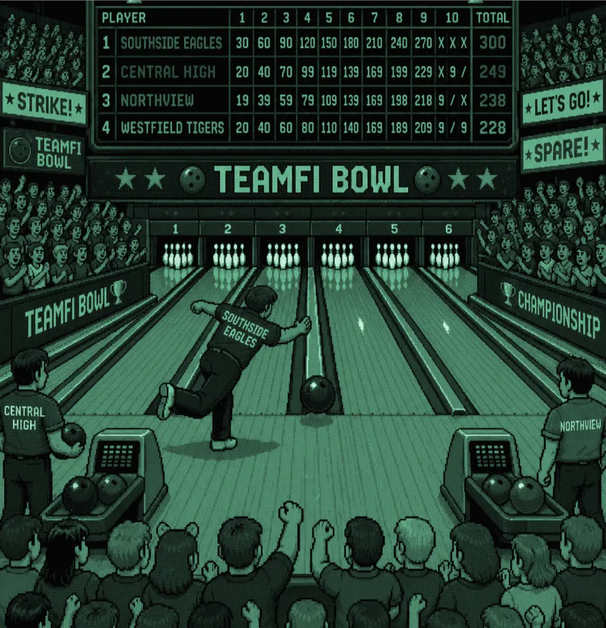 8-bit pixel art of a Teamfi bowling championship with Southside Eagles, Central High, Northview, and Westfield Tigers competing in a packed arena.