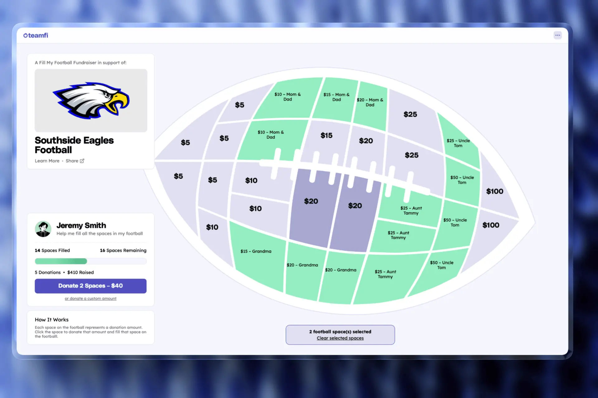 Teamfi Fill My Football Fundraiser User interface.