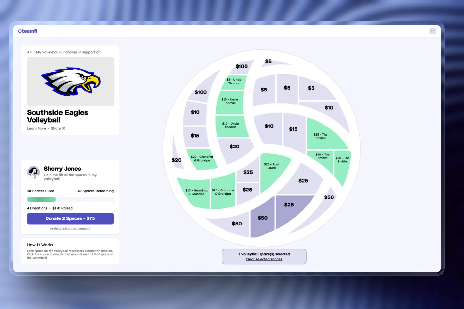 Teamfi Fill My Volleyball Fundraiser User interface.