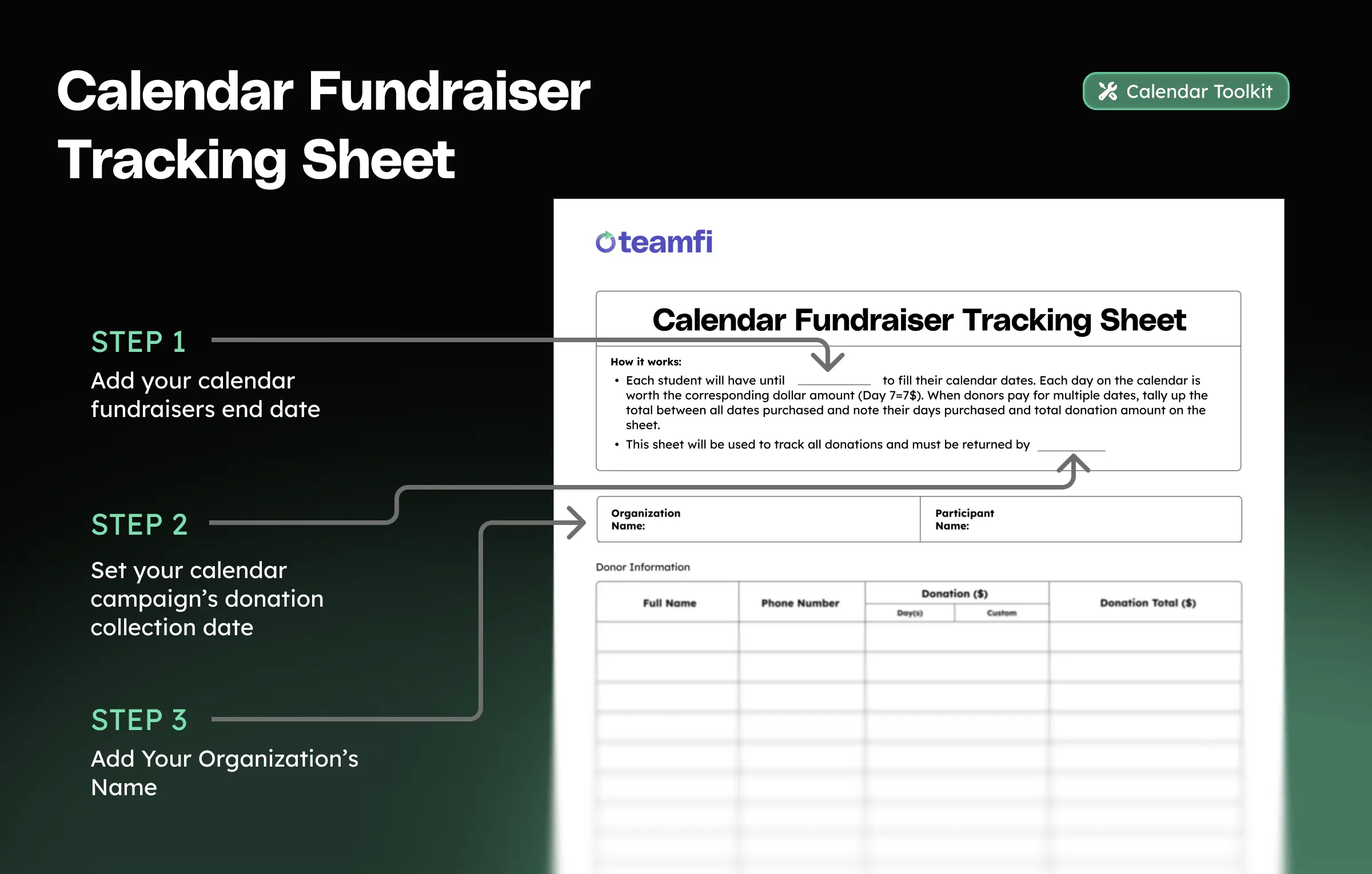 Pen and paper calendar donation tracking sheet.