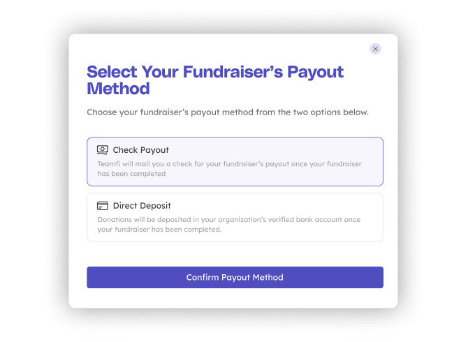 Flexible payouts feature on the Teamfi fundraising platform.