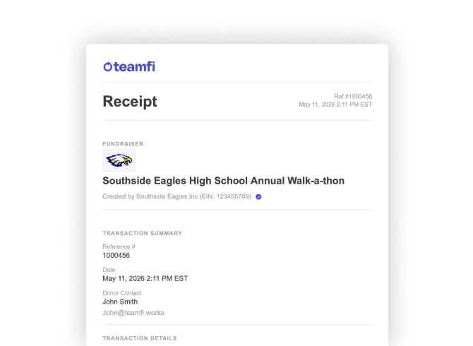 detailed donation receipts feature on the Teamfi Fundraising platform.