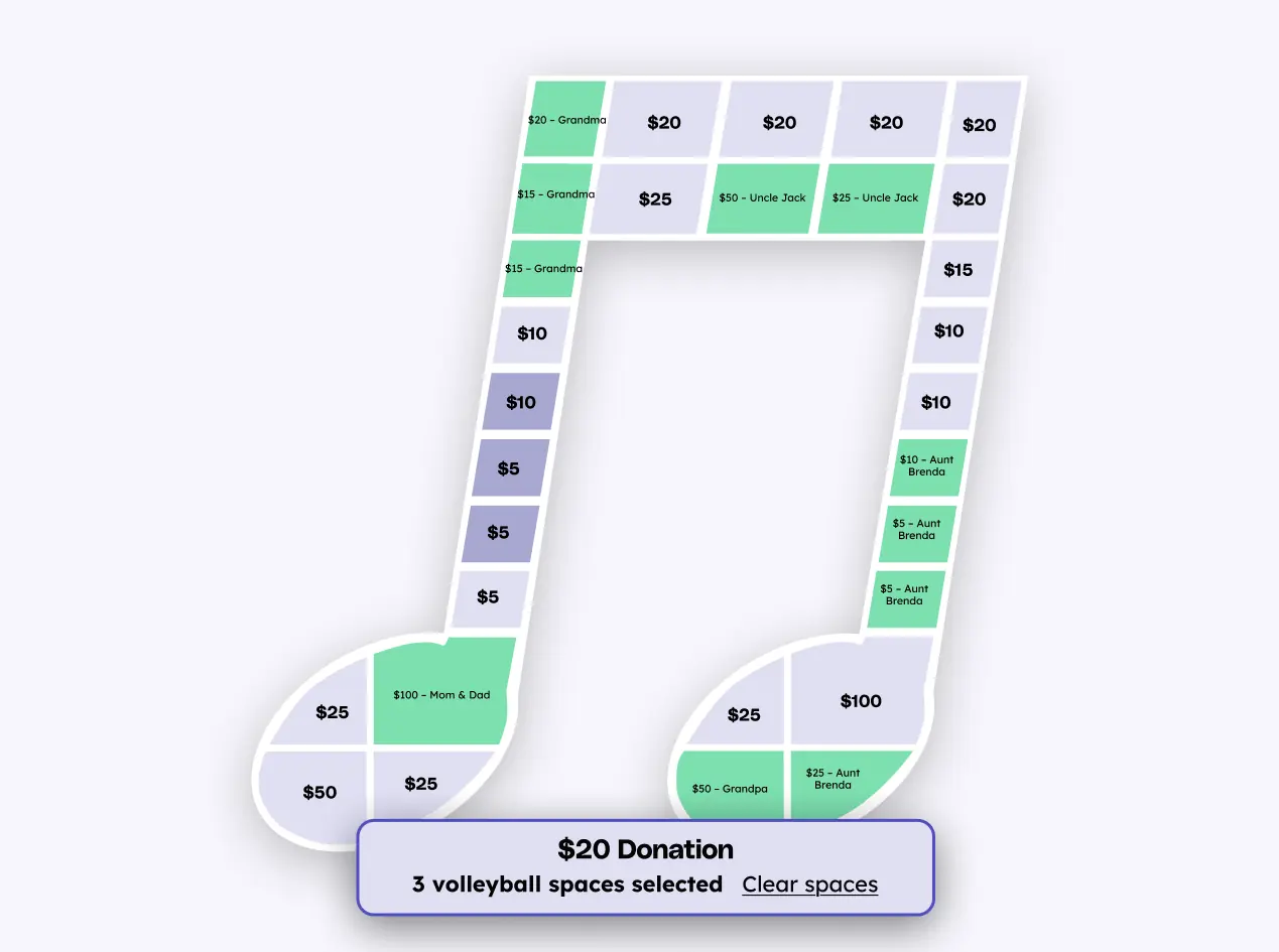 Fill My Music Note Fundraiser user interface for music groups, choirs, orchestras and bands.
