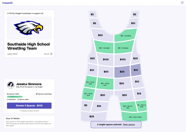Start collecting donations for your youth, club, or high school wrestling program on your Fill My Singlet fundraiser donation page.