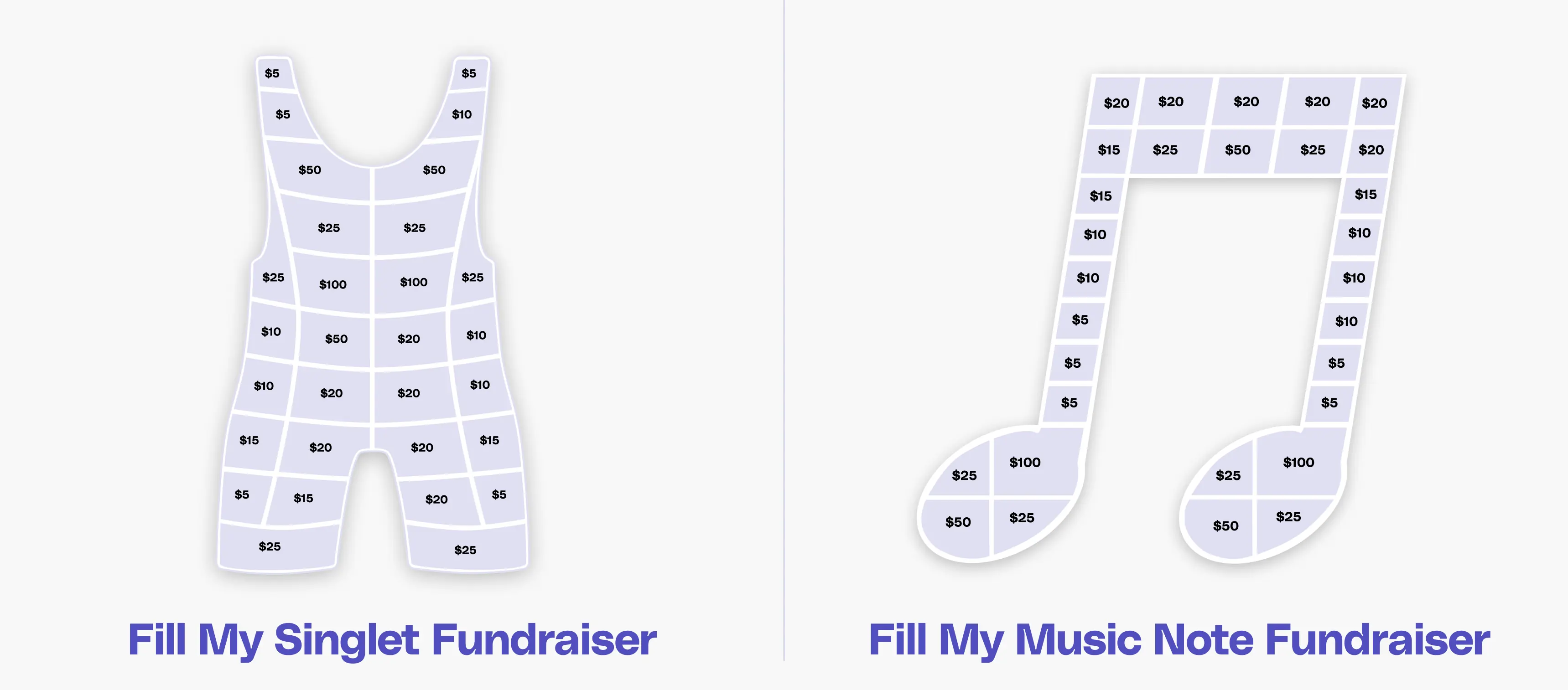 Fill My Singlet and Fill My Music Note digital fundraising options. 