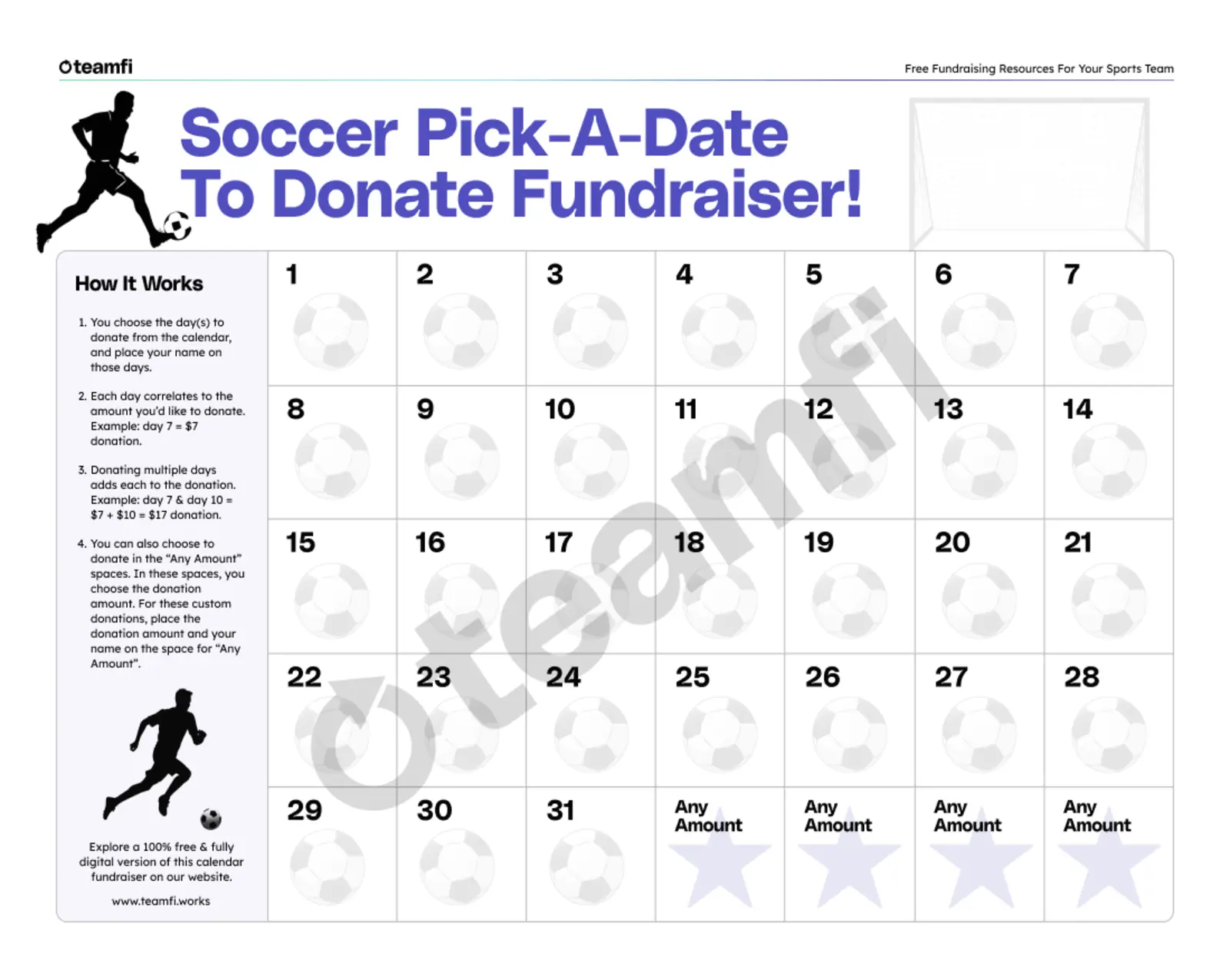 Pen and paper soccer calendar fundraiser template for soccer teams.