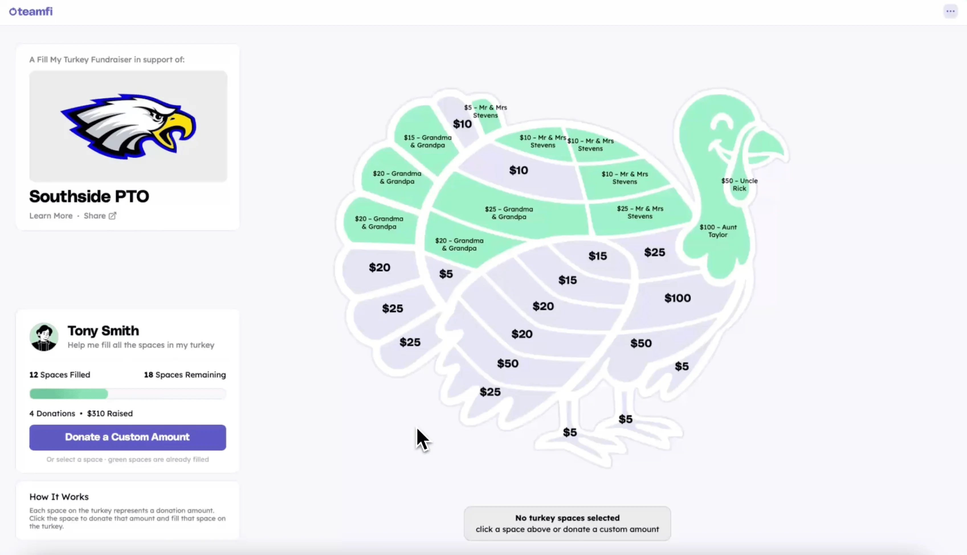 Teamfi Fill My Turkey fundraiser user interface showing donations on the turkey