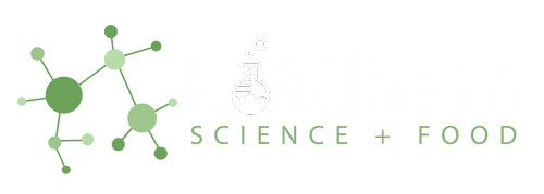 KitChem logo featuring stylized green molecular structure and a flask replacing the letter o, with tagline 'Science + Food'.