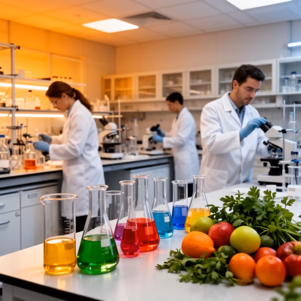 Laboratory bench with colorful liquids in test tubes and flasks next to fresh fruits and herbs, symbolizing food science or natural product research.